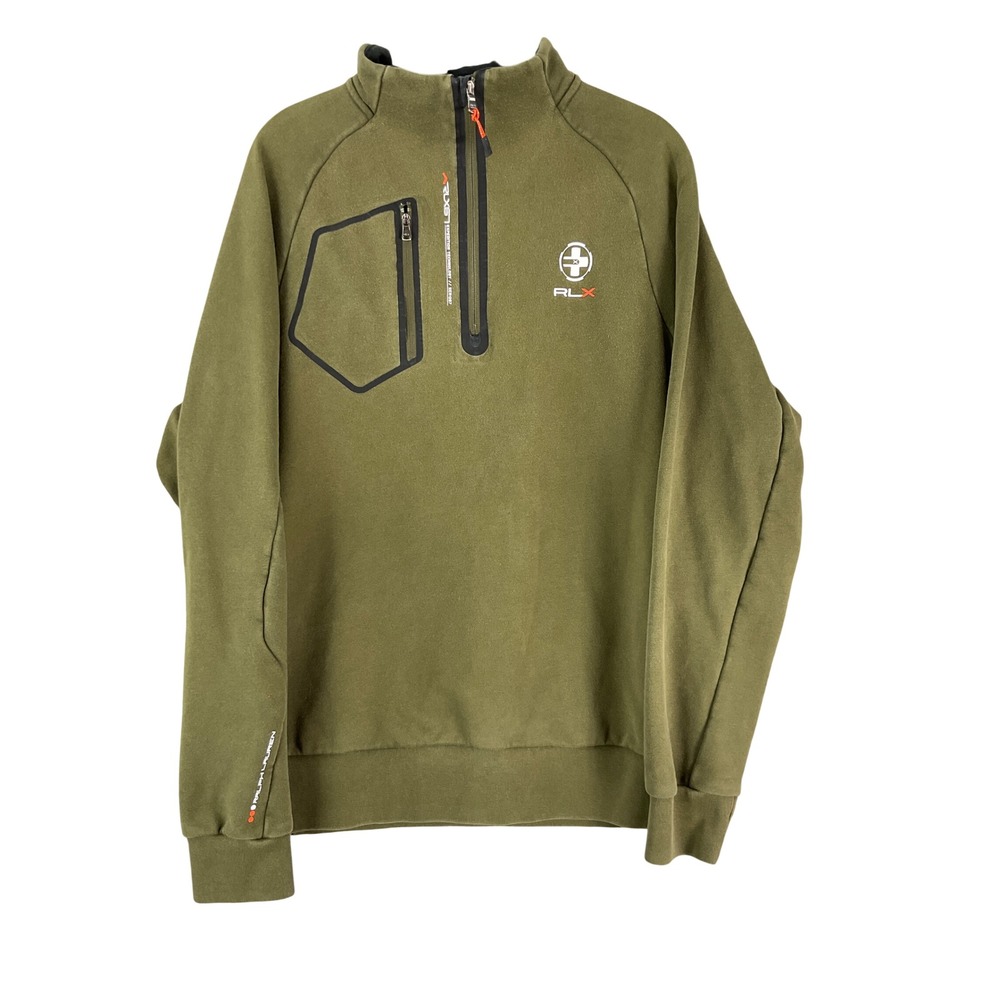 RLX Ralph Lauren Pullover Mens XL Olive Green Quarter Zip Tech Fleece Sweatshirt